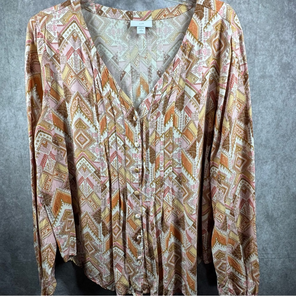 J.Jill Women’s Large‎ Geometric Print Pink Orange Pink LS Button Up Tunic.